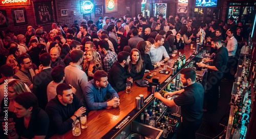 Many people socializing and drinking at a busy bar counter with bartenders serving drinks