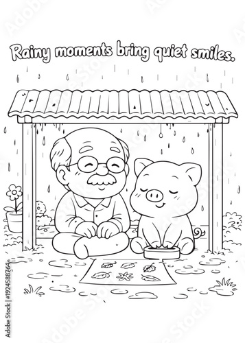 coloring book grandpa and pig sharing a sheltered rainy moment, smiling through soft showers