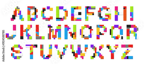 English font alphabet made with colored plastik constructor parts isolated on white background. Play and build concept. Vector illustration