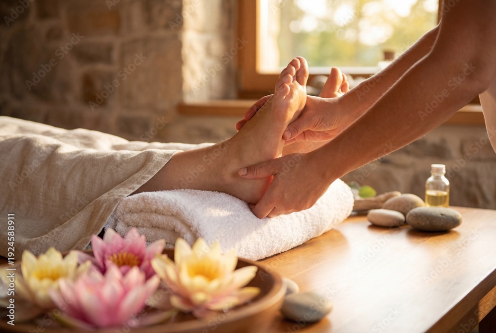 Naklejka premium Professional foot and ankle massage for woman in luxury spa with natural light