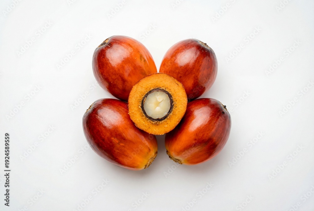 Obraz premium Fresh red orange oil palm fruits with one cut in half showing kernel and pulp on white background