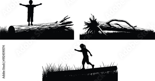 Child silhouette playing outdoors on fallen tree and grass, childhood freedom exploration concept, playful lifestyle illustration isolated on white background