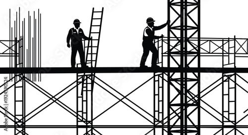 Construction workers silhouette on building site with scaffolding and ladder, industrial labor teamwork concept, engineering and development illustration isolated on white background