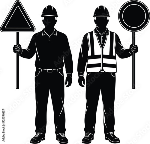 Construction workers holding traffic signs silhouette vector black white road safety flavector illustration isolated