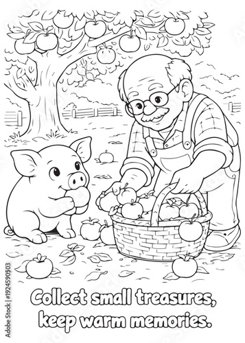coloring book grandpa gathering baskets of goodies with his pig, collecting small treasures