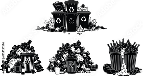 Garbage and recycling bins filled with waste, trash overflow illustration set, environmental pollution concept, waste management and recycling problem isolated on white background