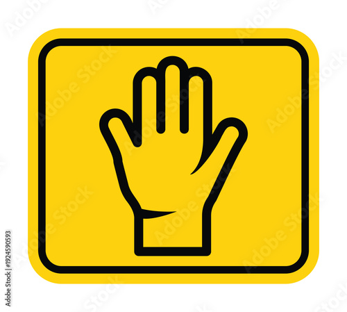 Yellow Warning Sign with Hand Gesture Symbol for Stop or Caution