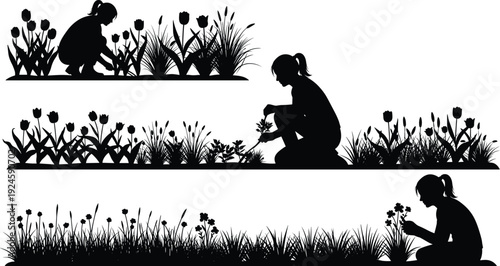 Gardening woman silhouettes, planting flowers in garden beds, nature care concept, black illustration vector flavector