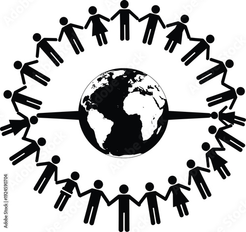 Global unity and human connection concept showing diverse people holding hands around the world globe, teamwork, community solidarity, equality, black and white illustration