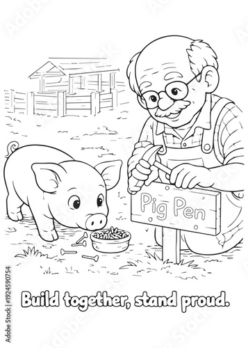 coloring book grandpa and pig building a small pen and standing proud of their work together