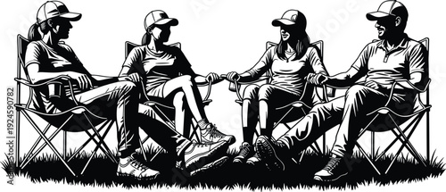 Group of friends sitting on camping chairs outdoors, relaxed social gathering silhouette illustration, leisure lifestyle, teamwork and friendship concept isolated on white background