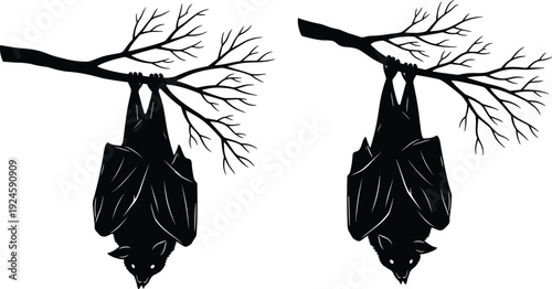 Hanging bat silhouettes on tree branches, nocturnal wildlife illustration, spooky nature animal concept, dark forest symbolism isolated on white background