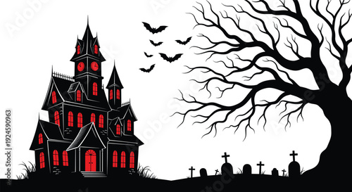 Haunted house graveyard silhouette vector spooky halloween night horror scene flavector illustration isolated