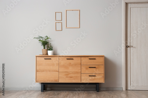 Wooden cabinet, houseplant and door in room