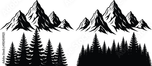 Mountain forest silhouettes, alpine landscape with pine trees, wilderness nature illustration, black vector set flavector