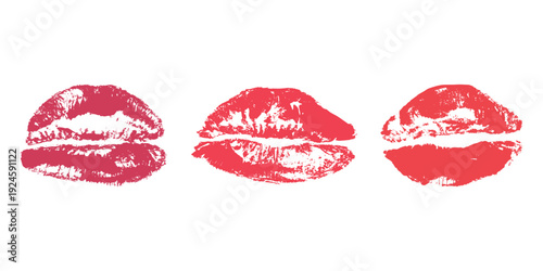 Set of lipstick kiss print Different shapes and colors imprint of lips Red pink female sexy lips makeup Design elements for beauty fashion poster Valentines Day wedding