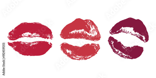 Set of lipstick kiss print Different shapes and colors imprint of lips Red pink female sexy lips makeup Design elements for beauty fashion poster Valentines Day wedding