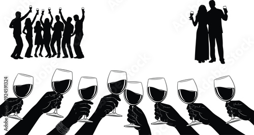 Party celebration silhouettes with wine glasses vector black white people toast event flavector illustration isolated