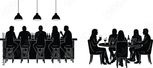 People drinking wine silhouettes, bar and restaurant social gathering, nightlife concept, black illustration design flavector