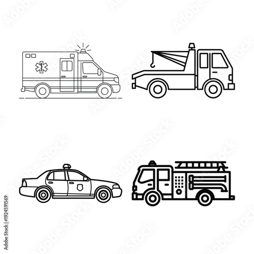 Public Safety Rescue Vehicle Set Including Fire Truck Medical Ambulance Police Patrol Car And Automotive Recovery Tow Truck Line Drawing