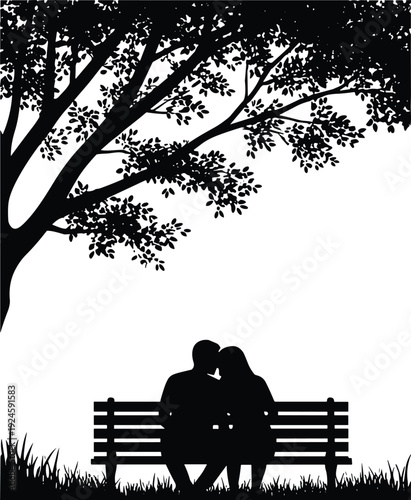 Romantic couple sitting together on park bench under tree silhouette illustration, love relationship concept, peaceful outdoor moment isolated on white background