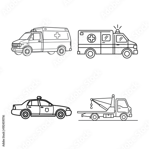 Emergency Service Transport Collection Featuring Two Different Ambulance Designs Police Patrol Cruiser And Flatbed Tow Truck Illustration