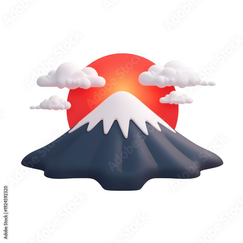 Snowy mountain with clouds and red sun isolated on a transparent background