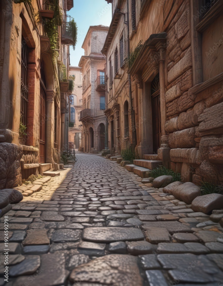 Obraz premium Ancient Roman architecture lines narrow cobblestone street , streets, Italy