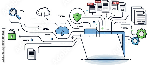 An intricate illustration of data management, security, and cloud computing processes with files flowing into a central folder.