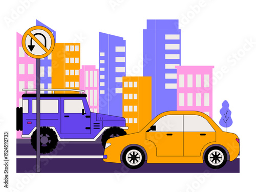 City street with some cars, traffic and skyscrapers. Traffic illustration. Flat vector illustration.