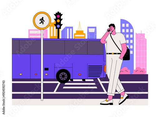 A man was on the phone while walking along the side of the road. Traffic illustration. Flat vector illustration.