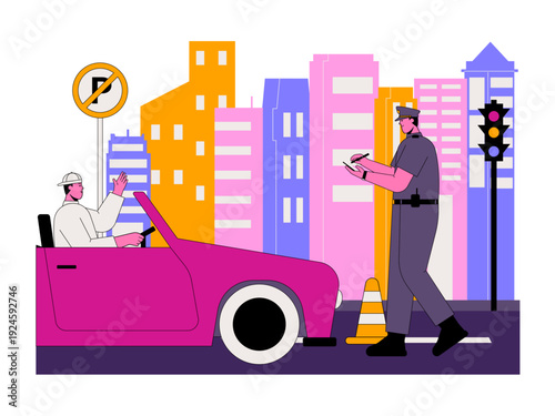 A traffic violation scenario featuring a police officer writing a report or fine for a driver in a city setting. Traffic illustration. Flat vector illustration.