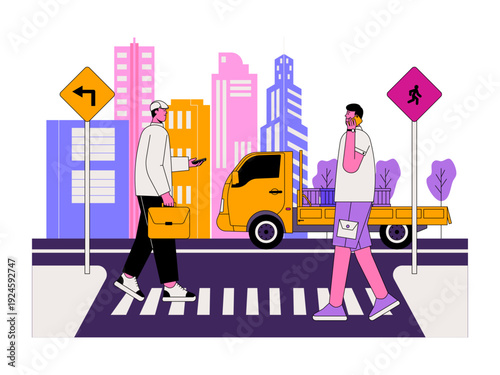 Modern city street view with pedestrians crossing at a zebra crossing.Modern city street view with pedestrians crossing at a zebra crossing. Traffic illustration. Flat vector illustration.