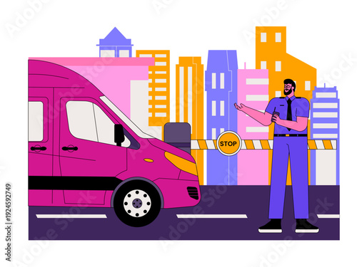 A security officer or police officer stopping a vehicle at a checkpoint.  Traffic illustration. Flat vector illustration.