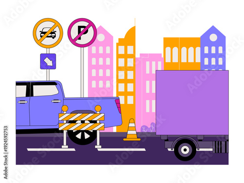 Urban traffic scene featuring a construction zone or road closure. Traffic illustration. Flat vector illustration.