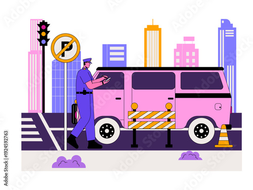 A police officer is issuing a ticket or fine to a vehicle parked in a restricted area. Traffic illustration. Flat vector illustration.