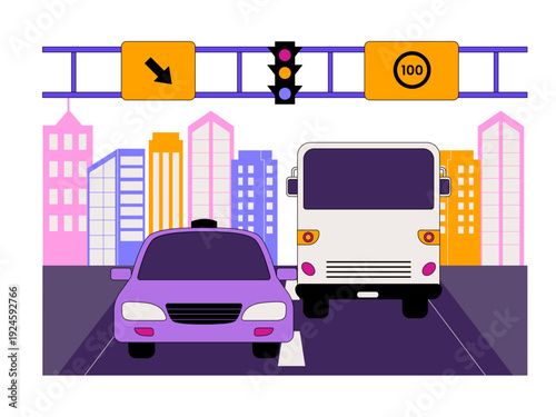 City traffic view with a car and a bus on a road surrounded by skyscrapers. Traffic illustration. Flat vector illustration.