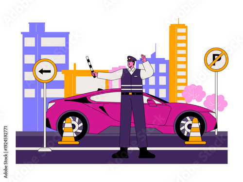 A traffic police officer regulates traffic in an urban environment. Traffic illustration. Flat vector illustration.