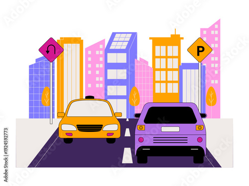 A highway or road with cars driving through a city background. Traffic illustration. Flat vector illustration.