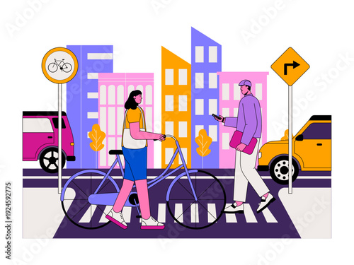 People interact near a crosswalk, highlighting the safety of pedestrians and cyclists in urban environments. Traffic illustration. Flat vector illustration.