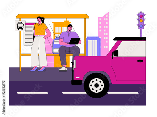 A woman standing and a man sitting with a laptop at a bus stop.  Traffic illustration. Flat vector illustration.