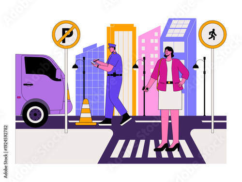Pedestrians crossing the road carelessly because they are distracted by their smartphones. Traffic illustration. Flat vector illustration.