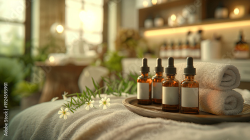 Serene spa setting with essential oil bottles on a tray