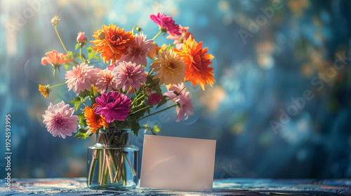Vibrant flowers in a glass vase with a blank greeting card