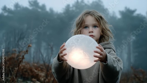 Wallpaper Mural A child with light blue eyes holds a glowing sphere in a forest with a misty backdrop Torontodigital.ca