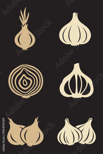 Golden onion and white garlic bulb set with slices for kitchen seasoning assets.