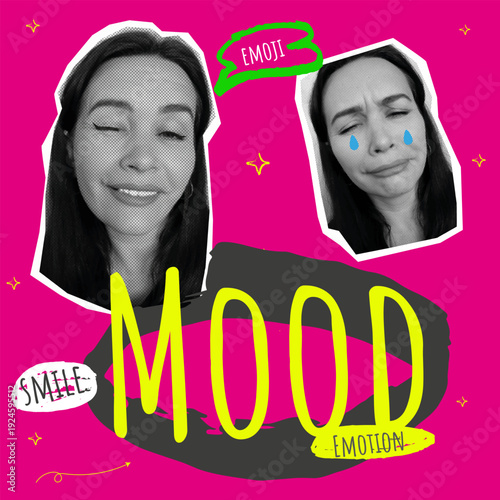 Mood collage in pop art style. Square social media graphic featuring cut-out portraits of a woman with happy and sad emotions, neon colors, and doodle text for Gen Z visual content.
