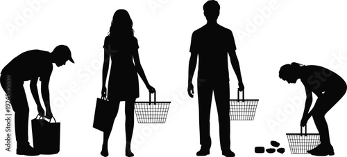 People shopping silhouettes set, men and women carrying shopping baskets and bags in various poses, black vector illustration isolated on white background