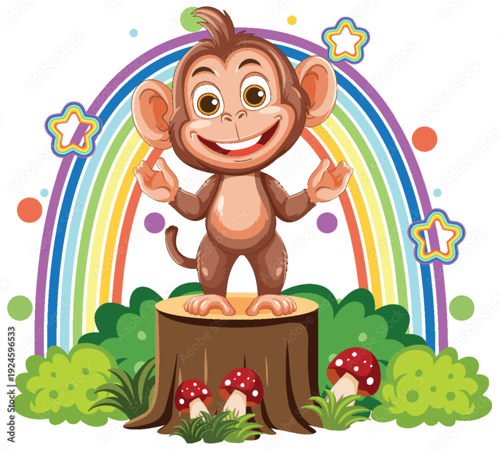 Naklejka premium Smiling Cartoon Monkey on Tree Stump with Rainbow Background