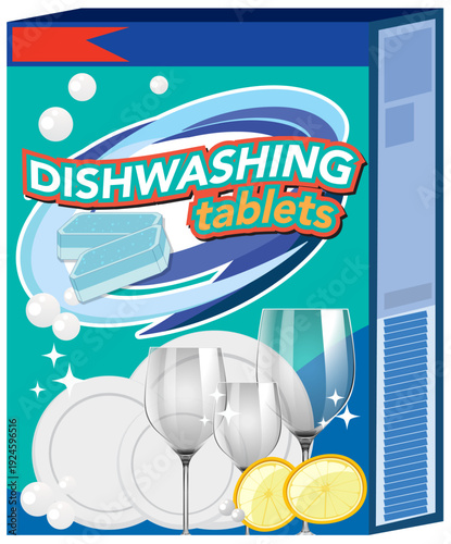 Dishwashing Tablets Packaging with Clean Plates and Glasses Illustration